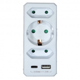 BLOCO 1x SCHUKO + 2x Euro + 1x USB A+C 2.4A IP20